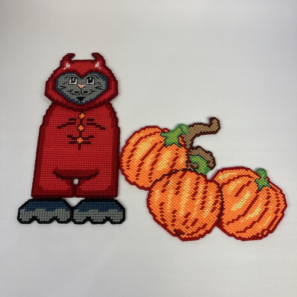 VTG Halloween Plastic Needlepoint Devil Cat & JOL Pumpkin 12" Canvas Decorations